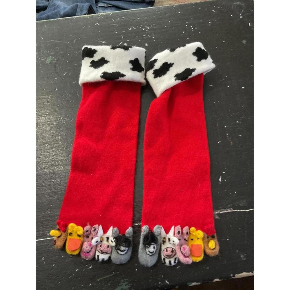 Fun Red Animal Toe Socks with Cow Print Cuffs